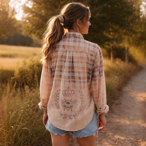 Upcycled Hand Painted Bees Hibiscus Hand Flannel Shirt - Bleached Brown XL Unise - Picture 3 of 9